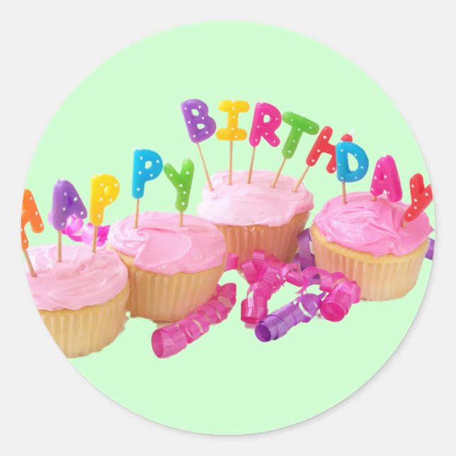 Sticker Rond Joyeux Cupcake et bougies d'anniversaire (Devant)