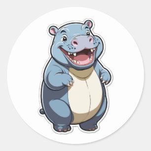 Sticker Rond Joyeux dessin de personnage Hippo de dessin animé