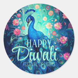 Sticker Rond Joyeux Diwali Festival des lumières Peacock