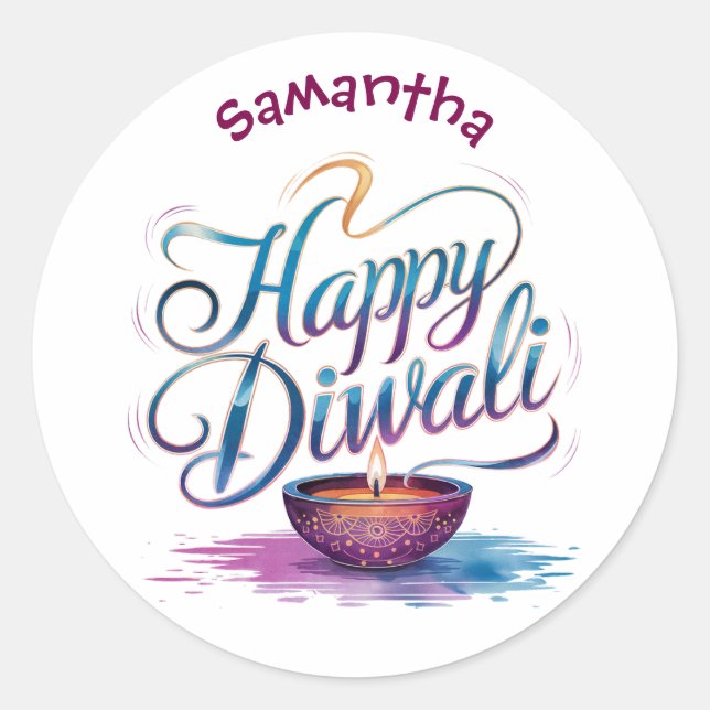 Sticker Rond Joyeux Diwali personnalisable blanc  (Devant)