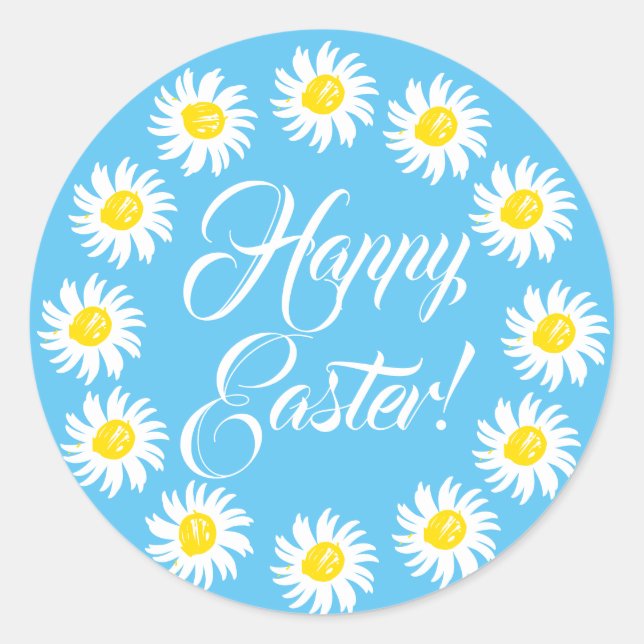 Sticker Rond Joyeux Easter ciel bleu script mignon marguerite j (Devant)