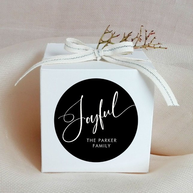 Sticker Rond Joyeux | Élégant Script Noir Noël (Christmas stickers with elegant calligraphy that says "joyful")