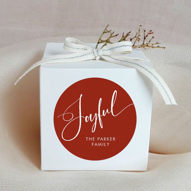 Sticker Rond Joyeux | Élégant Script Red Christmas (Christmas stickers with elegant calligraphy that says "joyful")