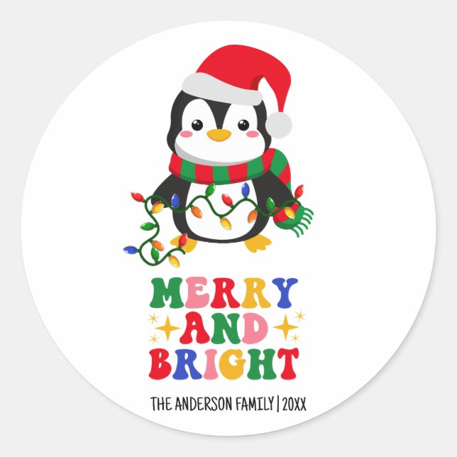 Sticker Rond Joyeux et brillant pingouin de Noël (Devant)