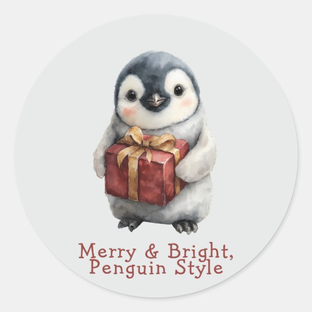 Sticker Rond Joyeux et brillant pingouin Noël (Devant)