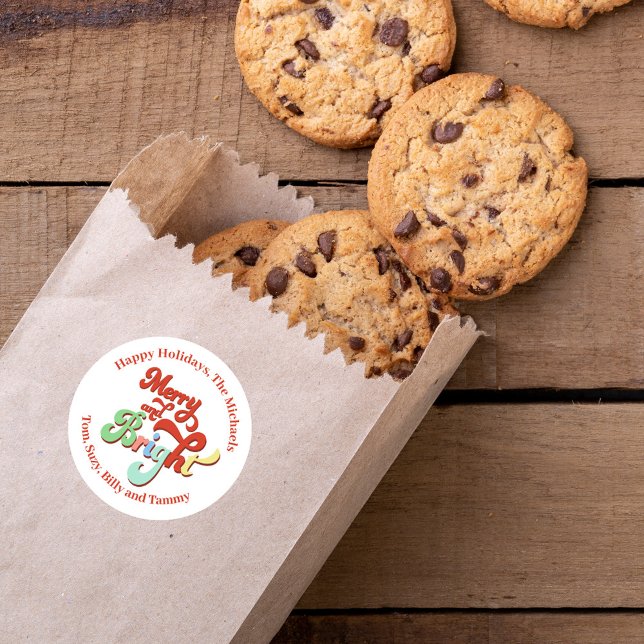 Sticker Rond Joyeux et brillant vacances rétro personnalisée (Merry and Bright custom personalized gift stickers. )