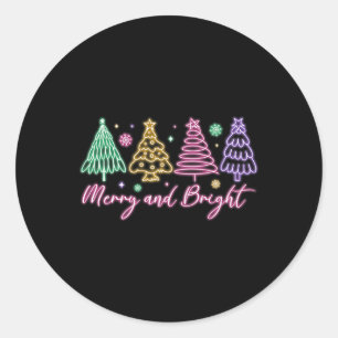 Sticker Rond Joyeux Et Lumineux Arbre De Noël Joyeux Fille Joye