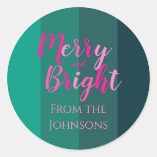 Sticker Rond Joyeux et Lumineux Noël Famille Nom Vert Rose