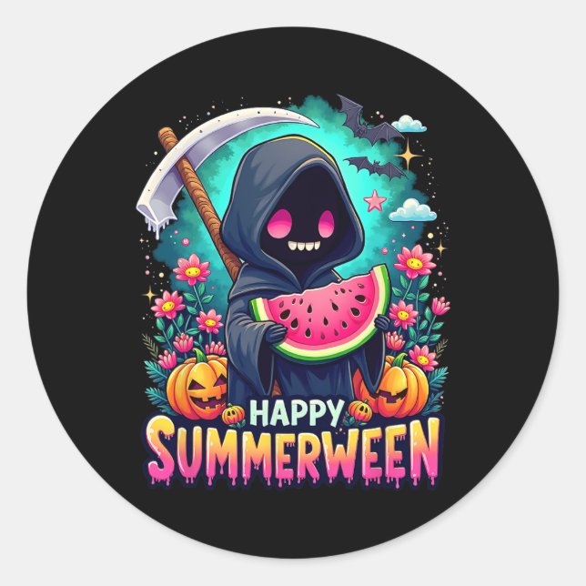 Sticker Rond Joyeux été Summerween Squelette Jack-o-lanterne (Devant)
