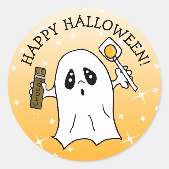 Sticker Rond Joyeux Fantôme d'Halloween avec barre de bonbons (Devant)