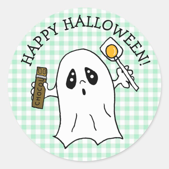 Sticker Rond Joyeux Fantôme d'Halloween avec bonbon (Devant)