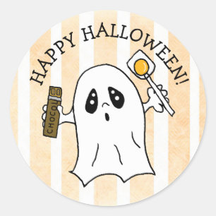 Sticker Rond Joyeux Fantôme d'Halloween avec bonbon