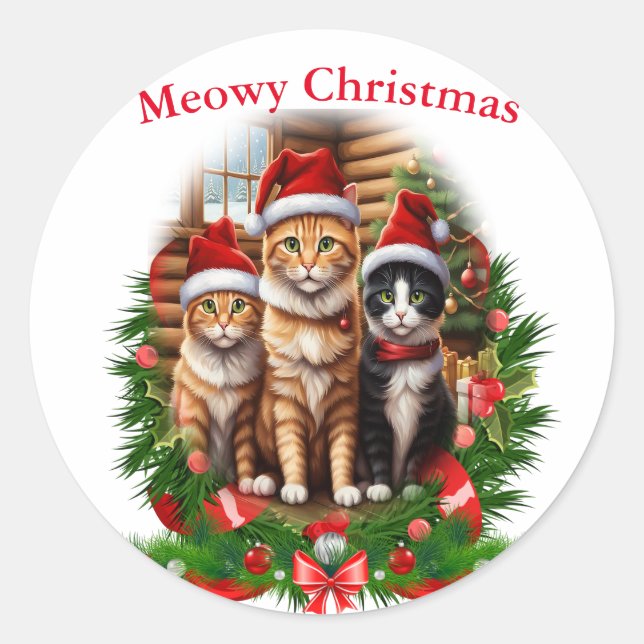 Sticker Rond Joyeux félins de Noël (Devant)