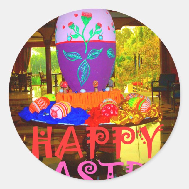 Sticker Rond Joyeux Festival Printemps Pâques OEufs colorés Art (Devant)