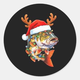 Sticker Rond Joyeux Fishmas Drôle B Pêche Noël Chapeau de Père