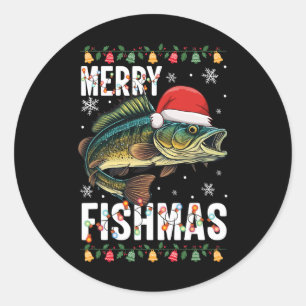 Sticker Rond Joyeux Fishmas Drôle de Noël de pêche Pyjama Fishe