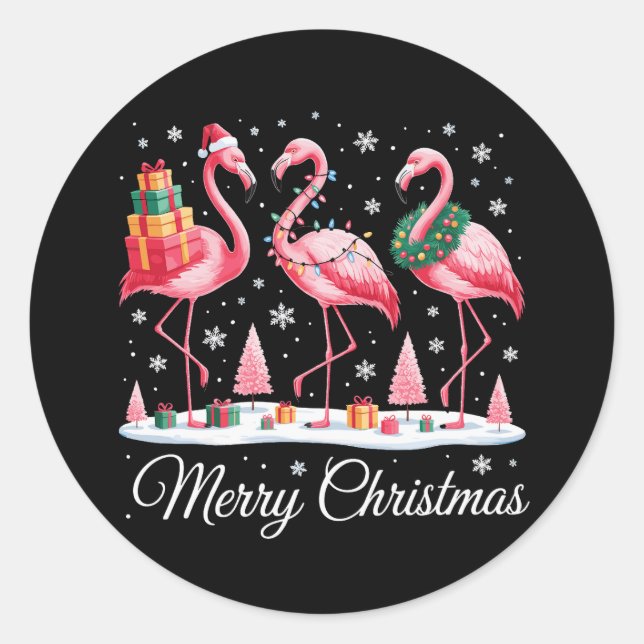Sticker Rond Joyeux Flamant rose de Noël Lumière Noël Noël Noël (Devant)