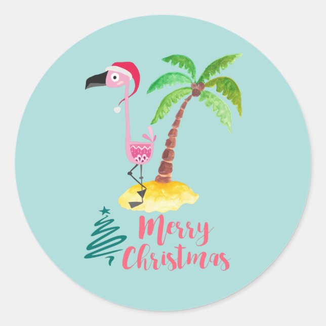 Sticker Rond Joyeux Flamant rose Rose De Noël Avec Palmier (Devant)