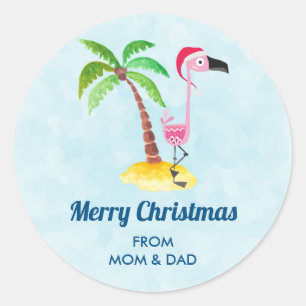 Sticker Rond Joyeux Flamant rose rose de Noël dans un chapeau d
