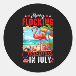 Sticker Rond Joyeux Foyer Noël En Juillet Flamant rose Été O