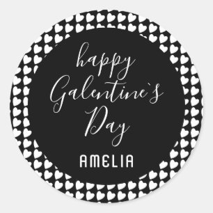 Sticker Rond Joyeux Galentine`s Day Coeur noir et blanc