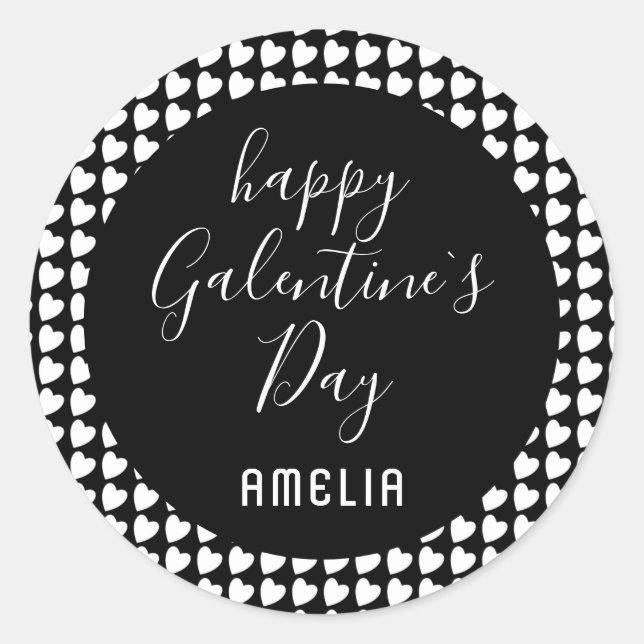 Sticker Rond Joyeux Galentine`s Day Coeur noir et blanc (Devant)