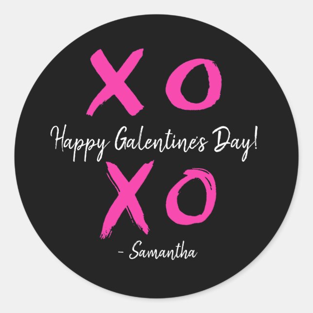 Sticker Rond Joyeux Galentine's Day rose et noir XOXO - (Devant)