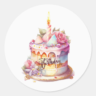 Sticker Rond Joyeux gâteau d'aquarelle d'anniversaire avec fleu