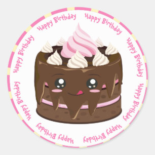 Sticker Rond Joyeux gâteau kawaii au chocolat d'anniversaire