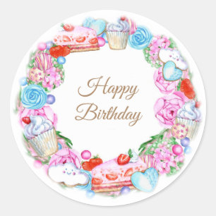 Sticker Rond Joyeux gâteaux d'anniversaire et bonbons