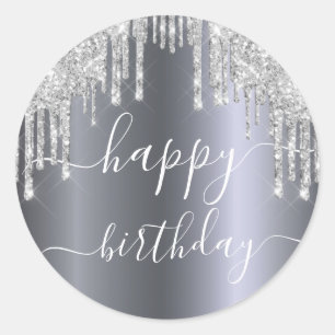 Sticker Rond Joyeux glamour d'anniversaire argent brillant glam