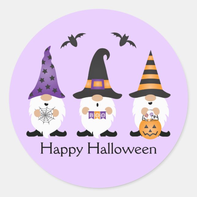 Sticker Rond Joyeux Gnomes d'Halloween violet orange (Devant)