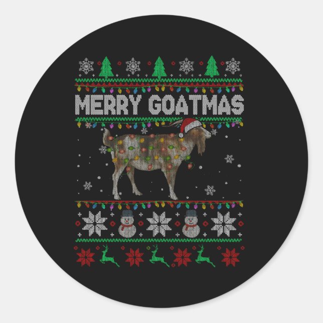 Sticker Rond Joyeux Goatmas Lumières Père Noël Chèvre Farmer (Devant)