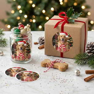 Sticker Rond Joyeux Golden Retriever Mignon Chien de Noël