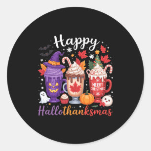 Sticker Rond Joyeux Hallothanksmas Amoureux du Café Halloween J