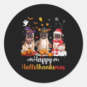 Sticker Rond Joyeux Hallothanksmas Carlin Chien Halloween Noël