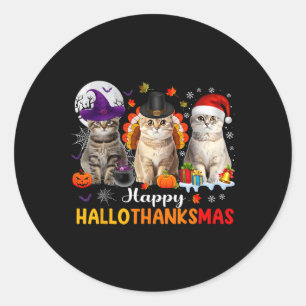 Sticker Rond Joyeux Hallothanksmas Chats Halloween Thanksgiving