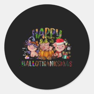 Sticker Rond Joyeux Hallothanksmas Cochon Mignon Animaux de Fer