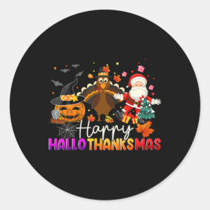 Sticker Rond Joyeux Hallothanksmas Drôle de Halloween Thanksgiv