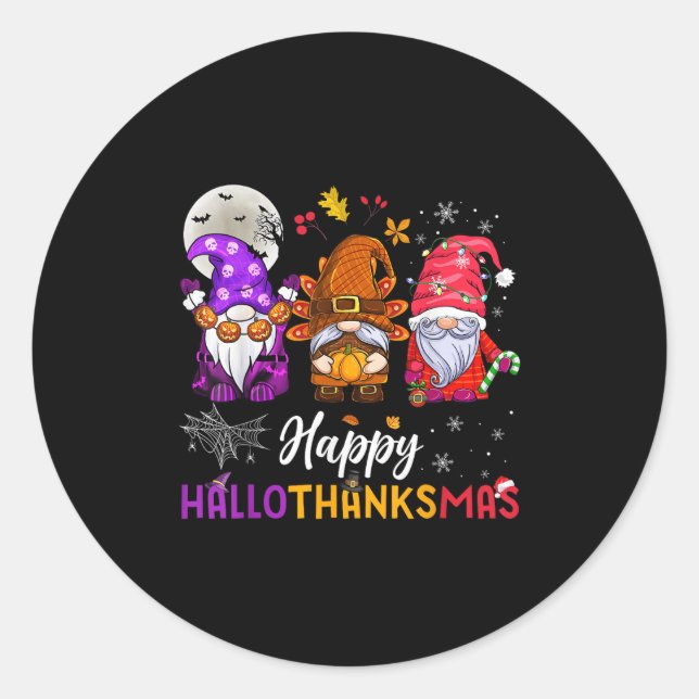 Sticker Rond Joyeux Hallothanksmas Gnomes Lover Halloween Joyeu (Devant)