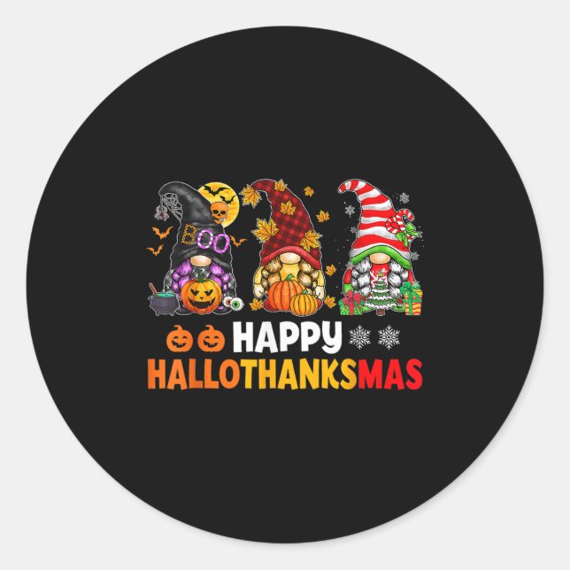 Sticker Rond Joyeux Hallothanksmas Gnomes Lover Halloween Joyeu (Devant)
