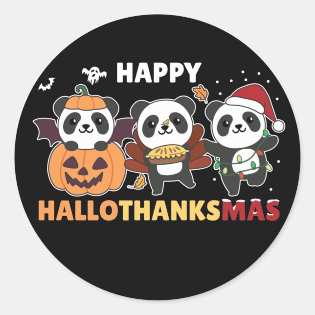 Sticker Rond Joyeux Hallothanksmas Pandas Noël Panda Classi (Devant)