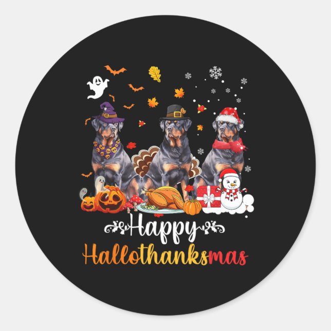 Sticker Rond Joyeux Hallothanksmas Rottweiler Chien Halloween C (Devant)