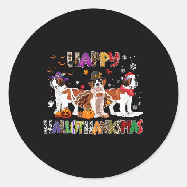Sticker Rond Joyeux Hallothanksmas Saint Bernard Chien Hallowee (Devant)
