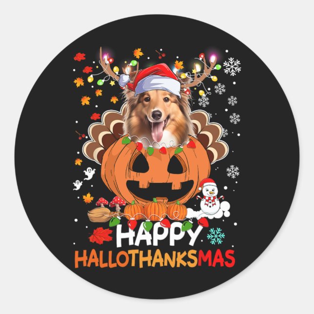 Sticker Rond Joyeux Hallothanksmas Shetland Sheepdog Chien (Devant)