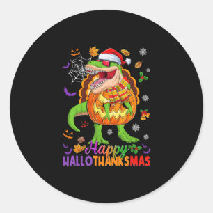 Sticker Rond Joyeux Hallothanksmas T Rex Halloween Thanksgiving