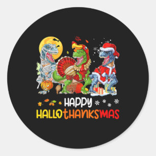 Sticker Rond Joyeux Hallothanksmas Thanksgiving Dinosaur T Rex 