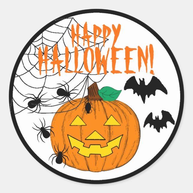 Sticker Rond Joyeux Halloween avec araignées et chauves-souris  (Devant)