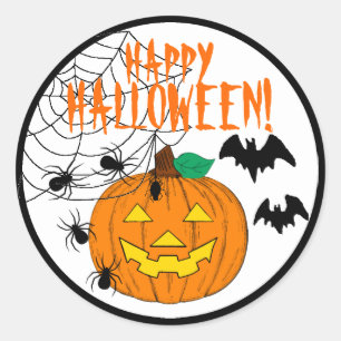 Sticker Rond Joyeux Halloween avec araignées et chauves-souris 