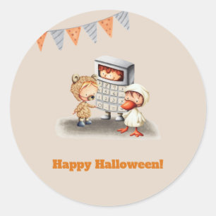 Sticker Rond Joyeux Halloween avec ours, canard et enfant calcu